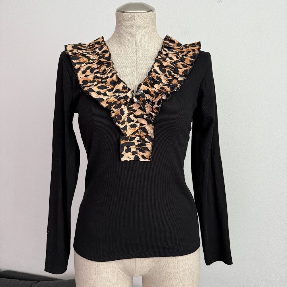 Coastal Bloom Black Long Sleeve Top with Leopard Ruffle